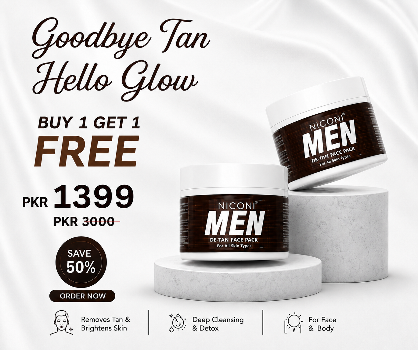 🔥 Buy 1 Get 1 FREE – Niconi Men Enzyme De-Tan Pack (300g Each)
